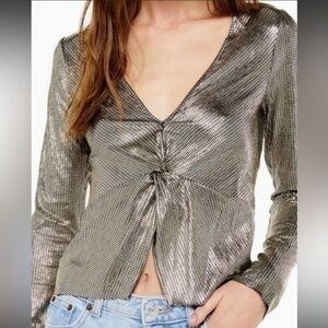 Topshop NWT gold foil lame plunge neck long sleeve top